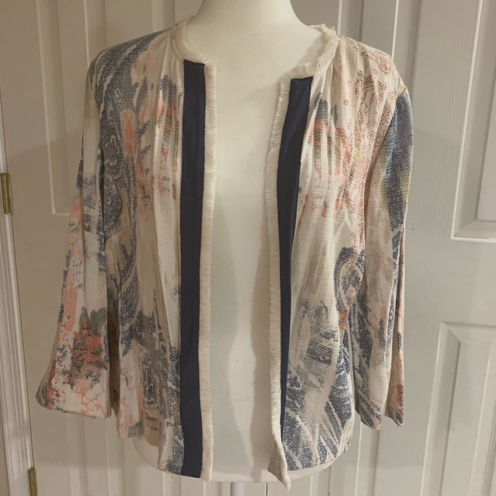 Chicos Open Jacket Women Cream Blue Woven Paisley Fringe Hem 3/4 Sleeve size 2